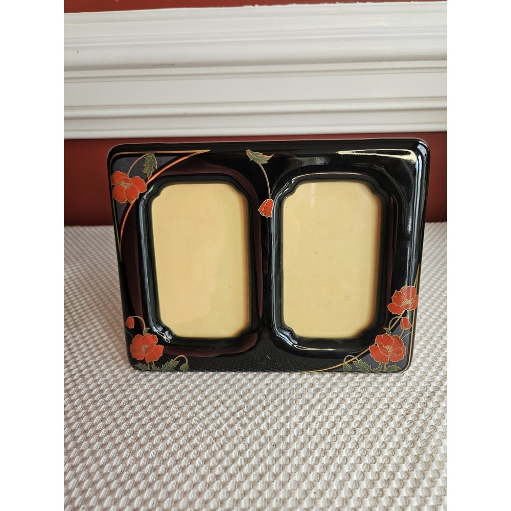 Vintage Japanese Black Porcelain Double Picture Frame with Red Poppies & Gold...